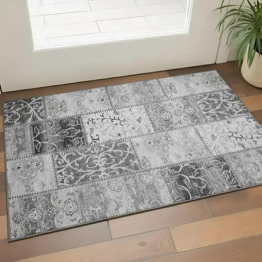 Gray And Ivory Patchwork Washable Area Rug With UV Protection Photo 1