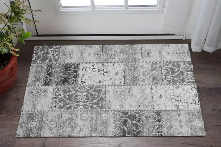 Gray And Ivory Patchwork Washable Area Rug With UV Protection Photo 3