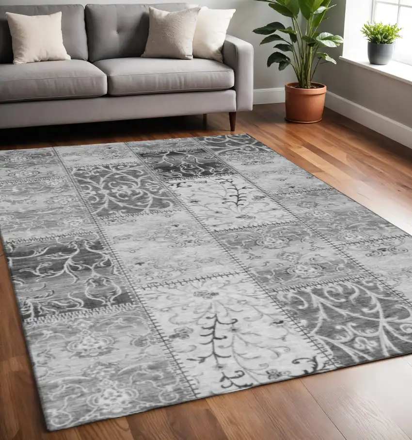 Gray And Ivory Patchwork Washable Area Rug With UV Protection Photo 2