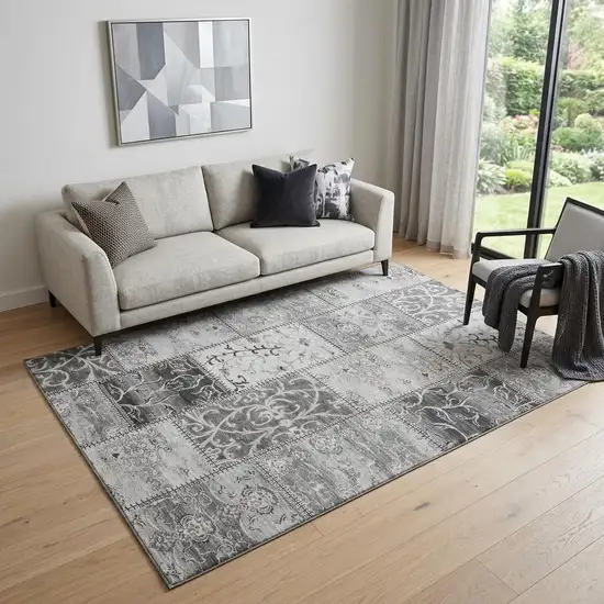 Gray And Ivory Patchwork Distressed Washable Area Rug With UV Protection Photo 1