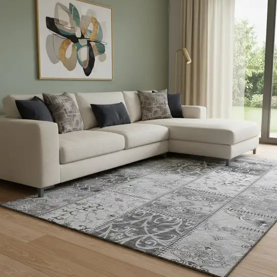 Gray And Ivory Patchwork Washable Area Rug With UV Protection Photo 1