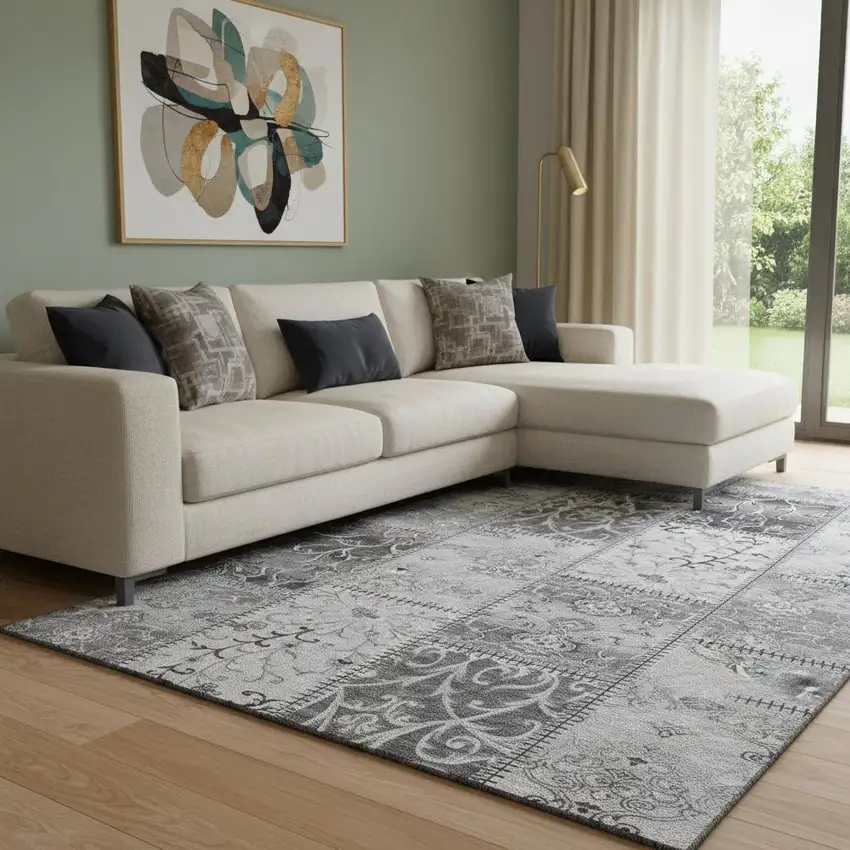 Gray And Ivory Patchwork Washable Area Rug With UV Protection Photo 1