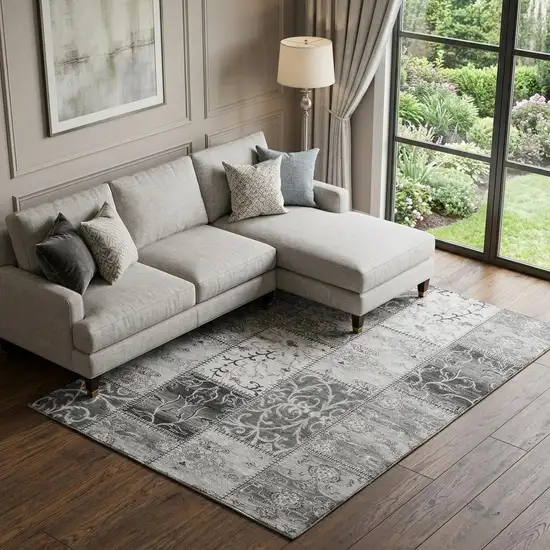 Gray And Ivory Patchwork Distressed Washable Area Rug With UV Protection Photo 1