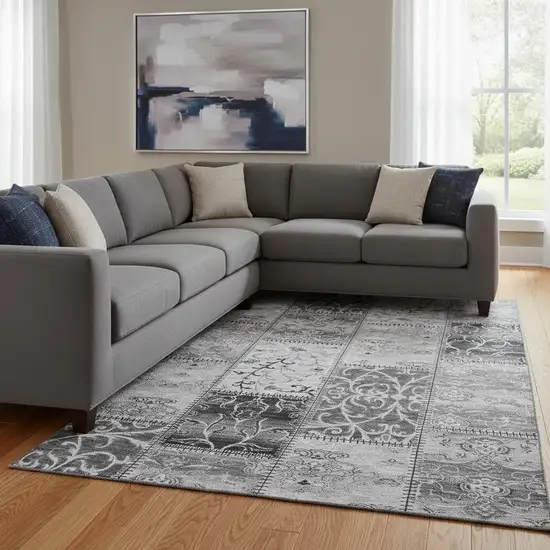 Gray And Ivory Patchwork Washable Area Rug With UV Protection Photo 1