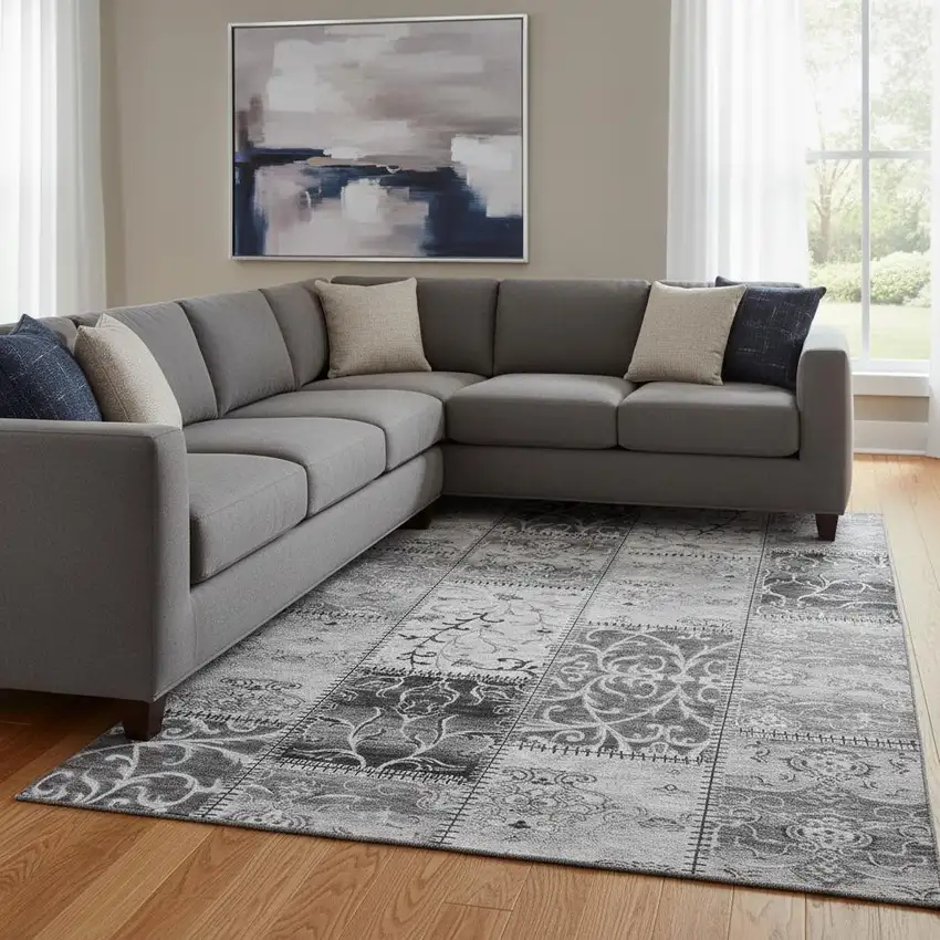Gray And Ivory Patchwork Washable Area Rug With UV Protection Photo 1