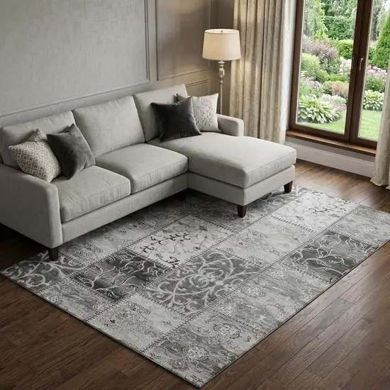 Gray And Ivory Patchwork Distressed Washable Area Rug With UV Protection Photo 1