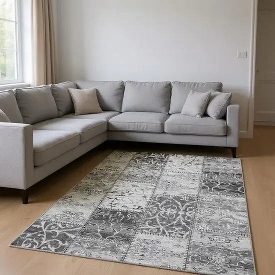 Gray And Ivory Patchwork Washable Area Rug With UV Protection Photo 2