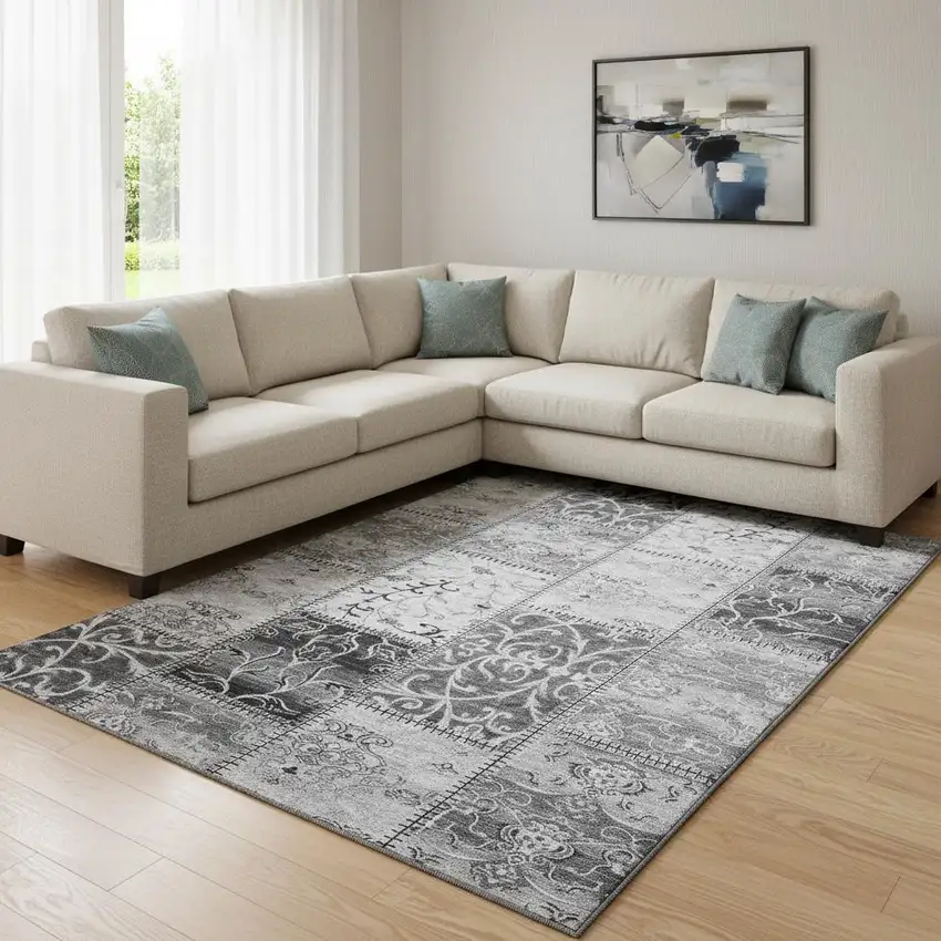 Gray And Ivory Patchwork Washable Area Rug With UV Protection Photo 1