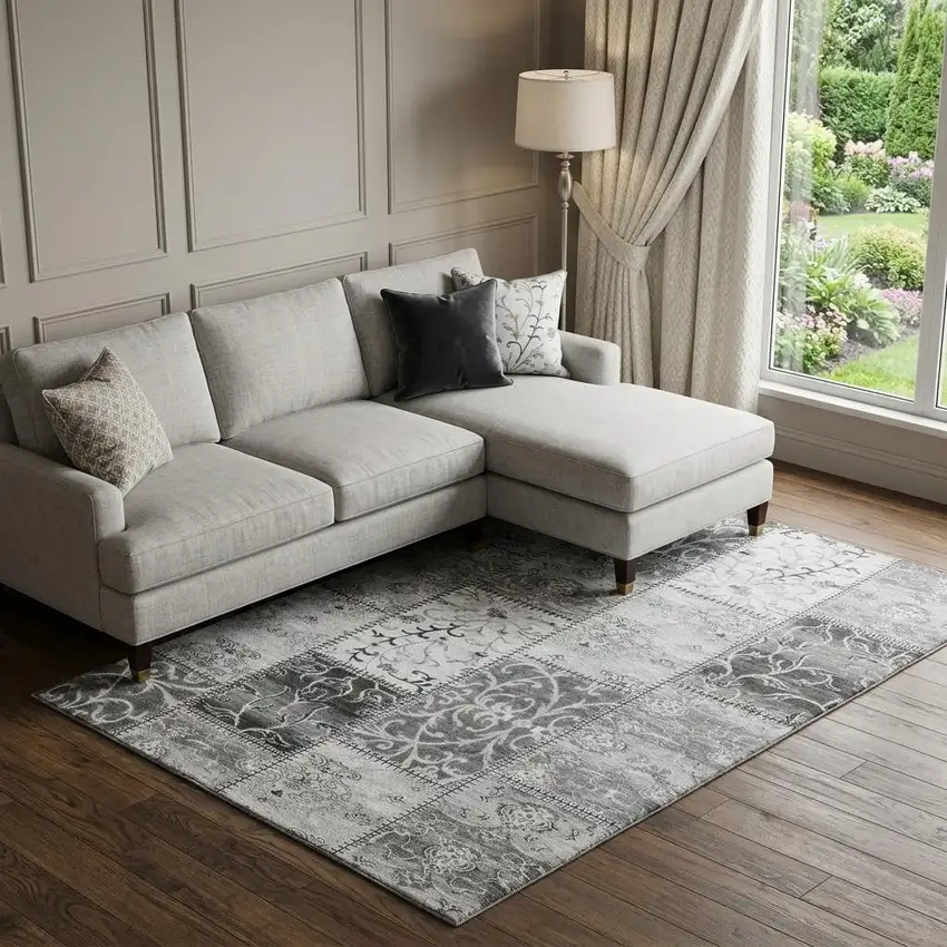 Gray And Ivory Patchwork Distressed Washable Area Rug With UV Protection Photo 1
