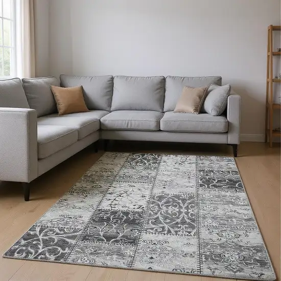 Gray And Ivory Patchwork Washable Area Rug With UV Protection Photo 2