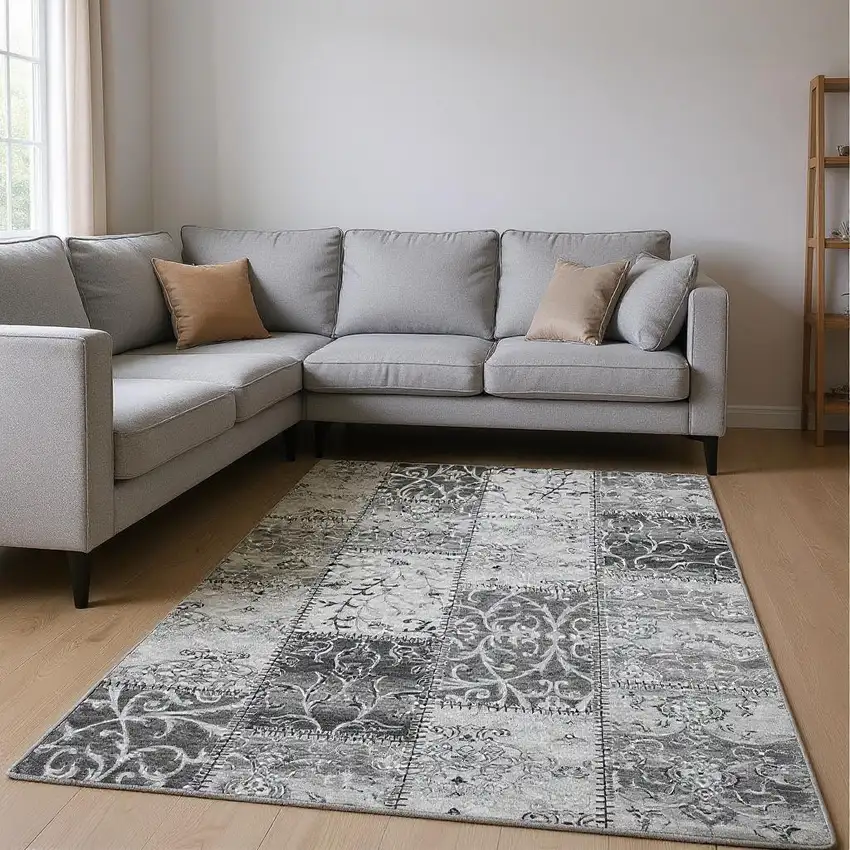 Gray And Ivory Patchwork Washable Area Rug With UV Protection Photo 2