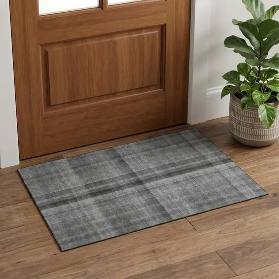 Gray And Ivory Plaid Washable Area Rug With UV Protection Photo 1