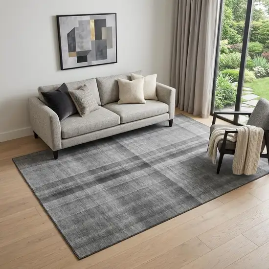 Gray And Ivory Plaid Washable Area Rug With UV Protection Photo 1
