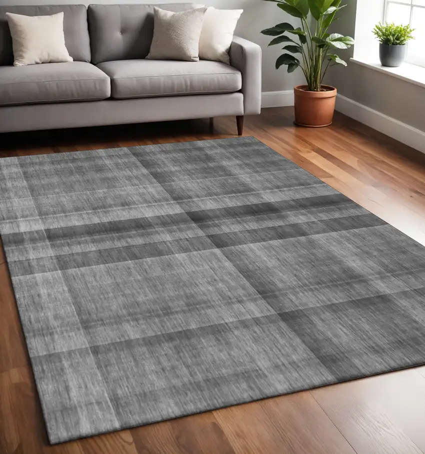 Gray And Ivory Plaid Washable Area Rug With UV Protection Photo 2