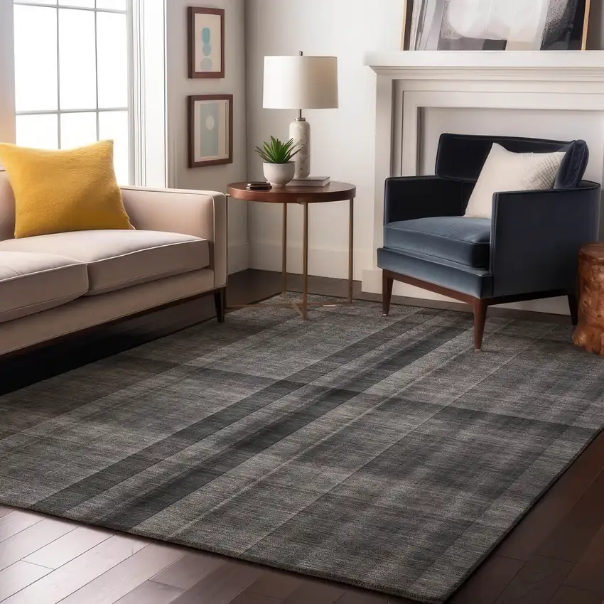 Gray And Ivory Plaid Washable Area Rug With UV Protection Photo 5