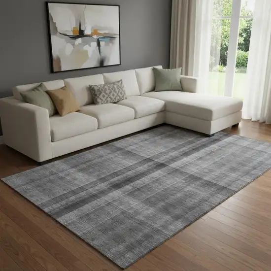 Gray And Ivory Plaid Washable Area Rug With UV Protection Photo 1