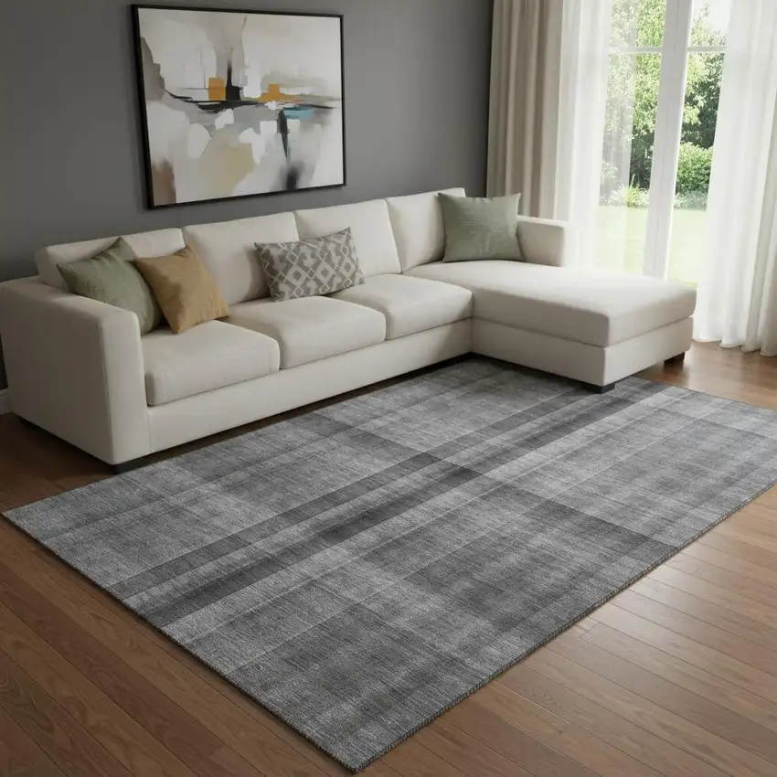 Gray And Ivory Plaid Washable Area Rug With UV Protection Photo 1