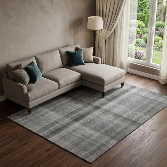 Gray And Ivory Plaid Washable Area Rug With UV Protection Photo 1