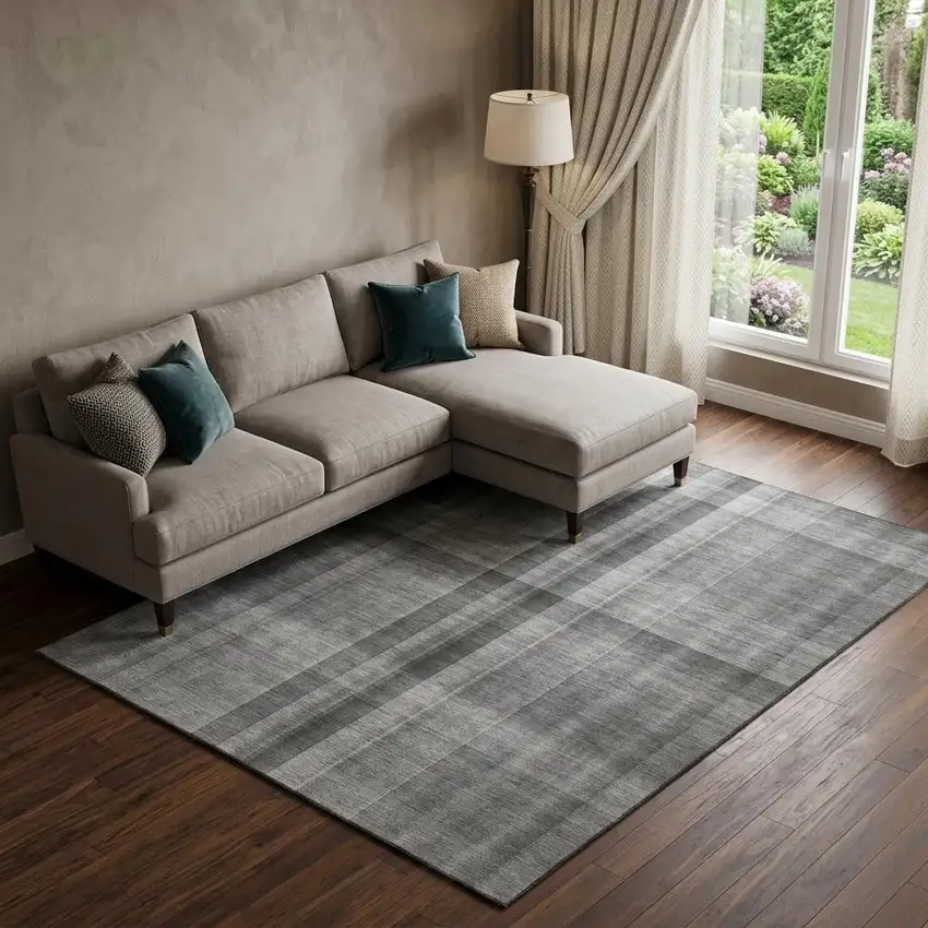 Gray And Ivory Plaid Washable Area Rug With UV Protection Photo 1