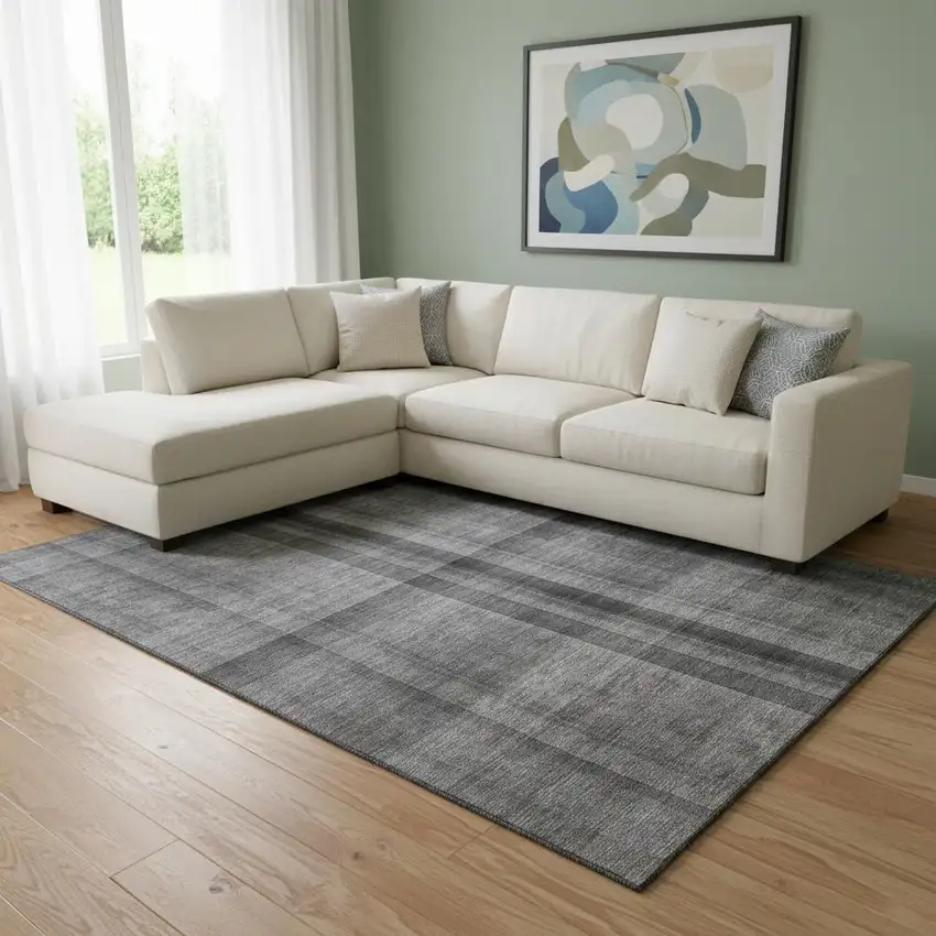 Gray And Ivory Plaid Washable Area Rug With UV Protection Photo 1