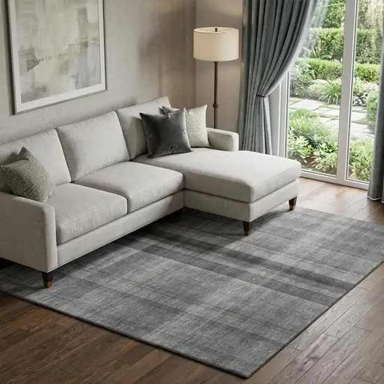 Gray And Ivory Plaid Washable Area Rug With UV Protection Photo 1