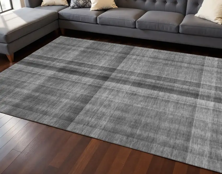 Gray And Ivory Plaid Washable Area Rug With UV Protection Photo 2
