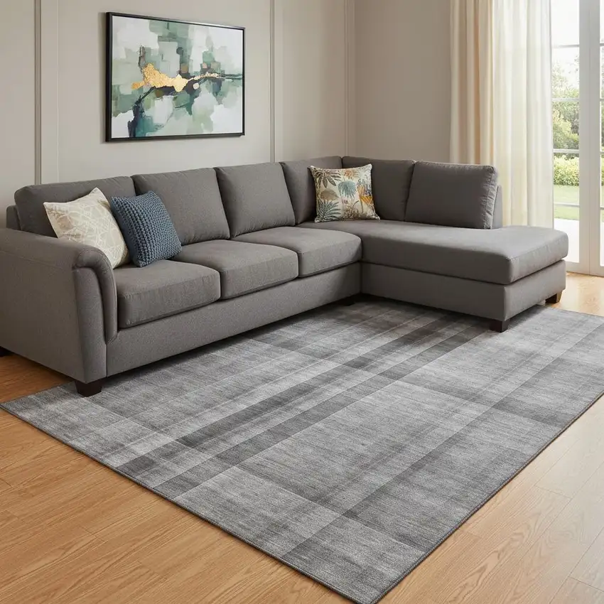 Gray And Ivory Plaid Washable Area Rug With UV Protection Photo 1