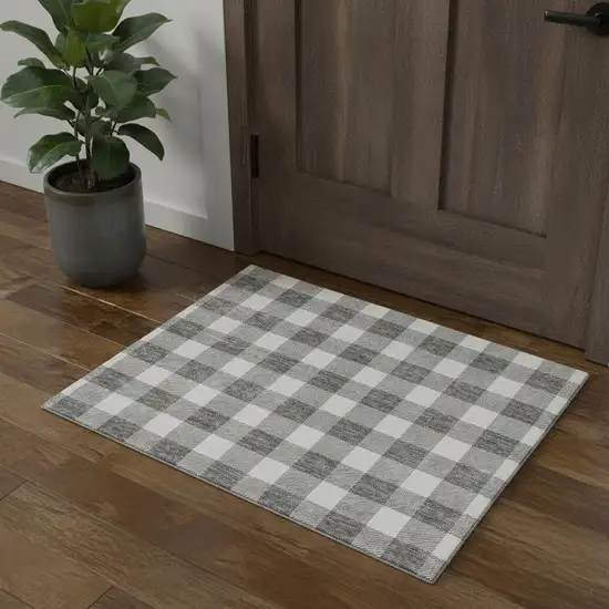 Gray And Ivory Plaid Washable Area Rug With UV Protection Photo 1