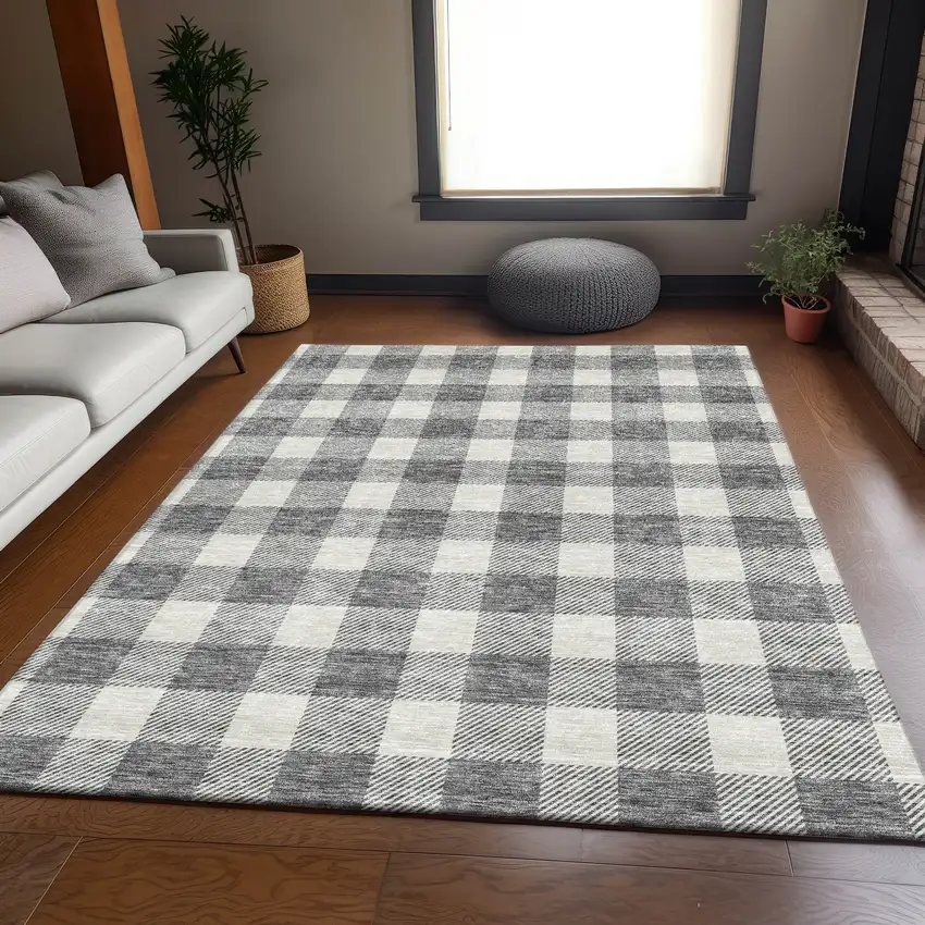 Gray And Ivory Plaid Washable Area Rug With UV Protection Photo 4