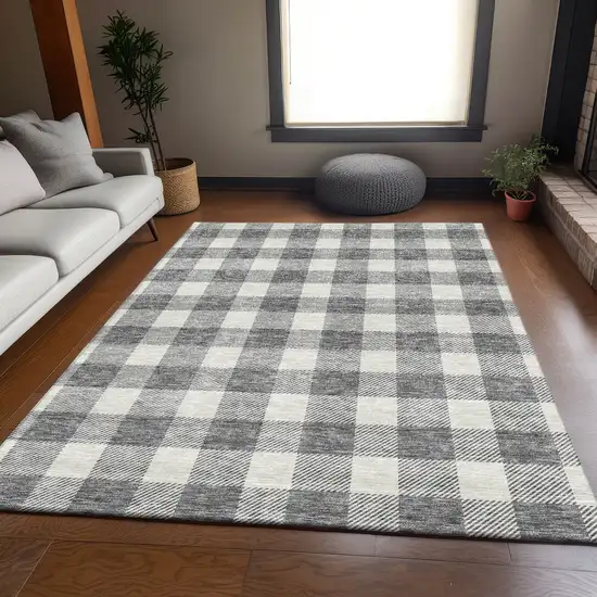 Gray And Ivory Plaid Washable Area Rug With UV Protection Photo 5