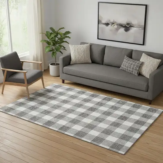 Gray And Ivory Plaid Washable Area Rug With UV Protection Photo 1
