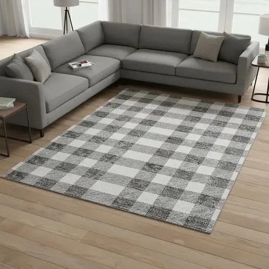 Gray And Ivory Plaid Washable Area Rug With UV Protection Photo 2