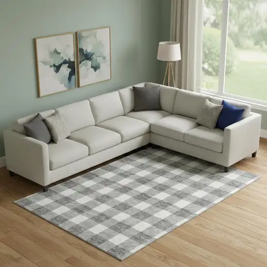 Gray And Ivory Plaid Washable Area Rug With UV Protection Photo 1