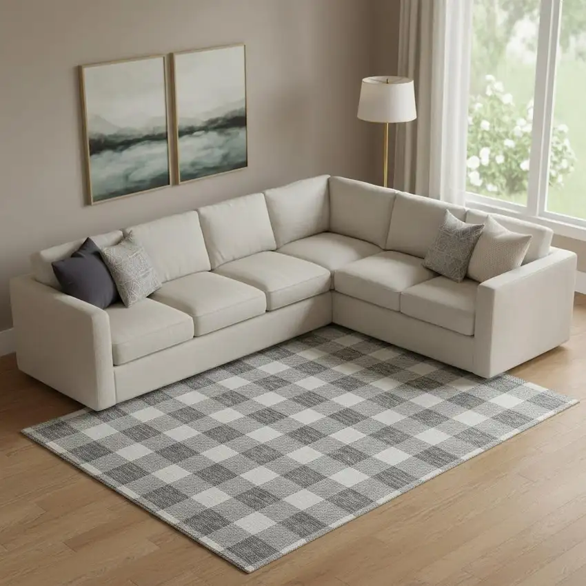 Gray And Ivory Plaid Washable Area Rug With UV Protection Photo 1