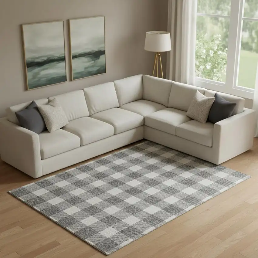 Gray And Ivory Plaid Washable Area Rug With UV Protection Photo 1