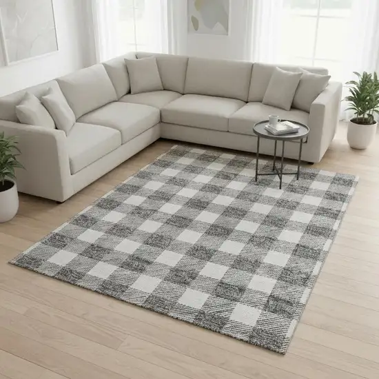 Gray And Ivory Plaid Washable Area Rug With UV Protection Photo 2