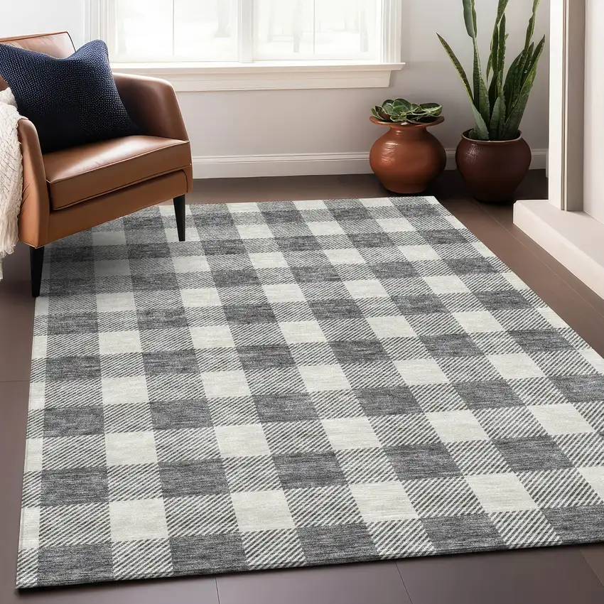 Gray And Ivory Plaid Washable Area Rug With UV Protection Photo 3