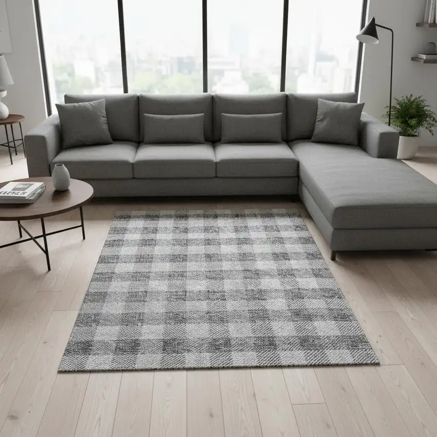Gray And Ivory Plaid Washable Area Rug With UV Protection Photo 2