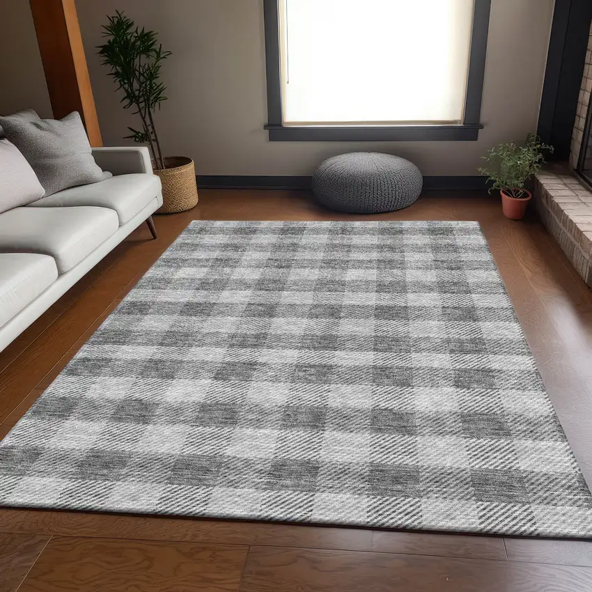 Gray And Ivory Plaid Washable Area Rug With UV Protection Photo 5