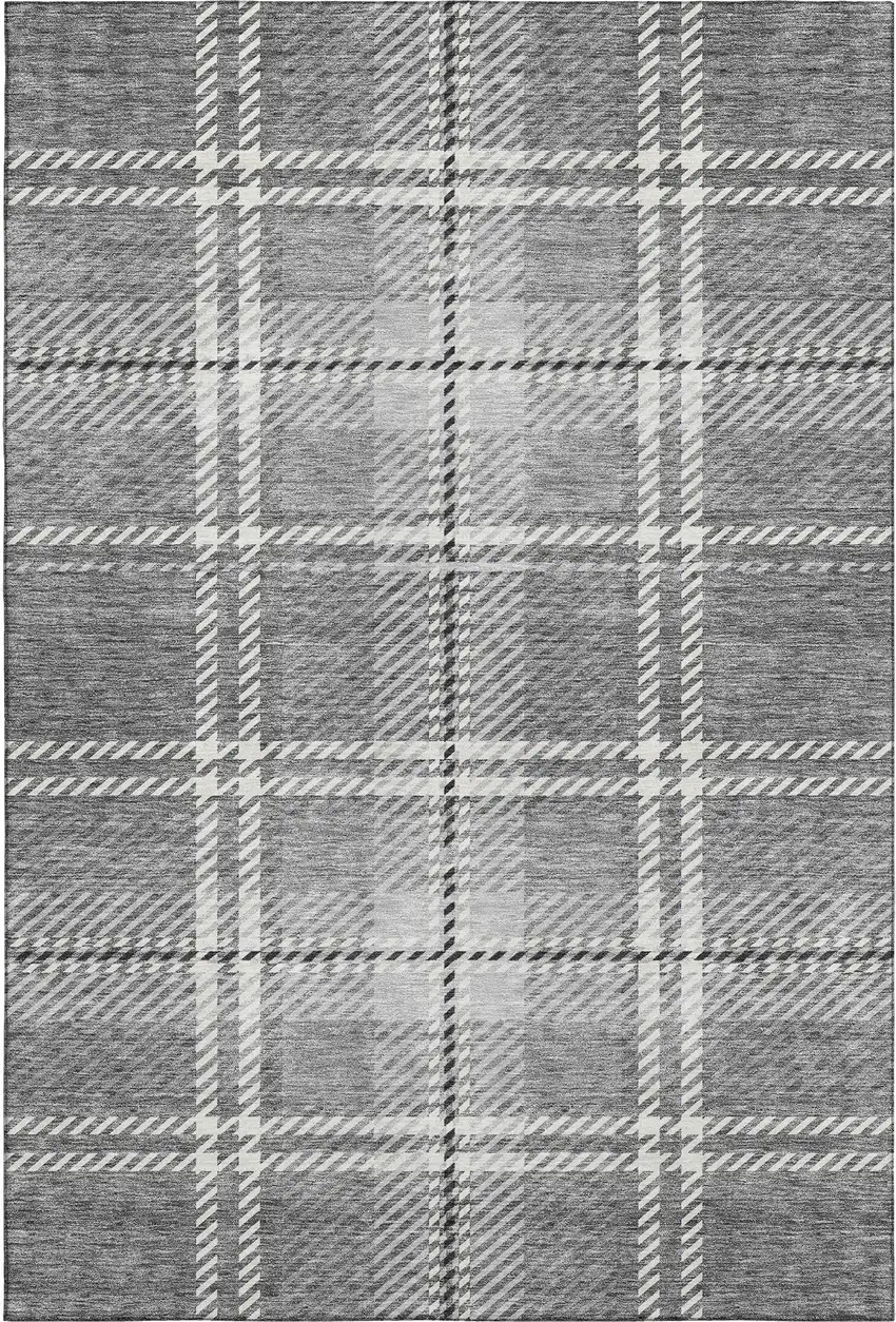 Gray And Ivory Plaid Washable Area Rug With UV Protection Photo 1