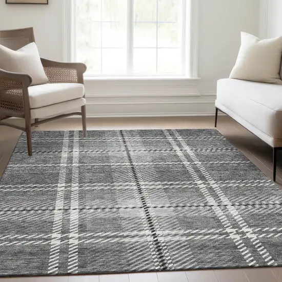 Gray And Ivory Plaid Washable Area Rug With UV Protection Photo 4