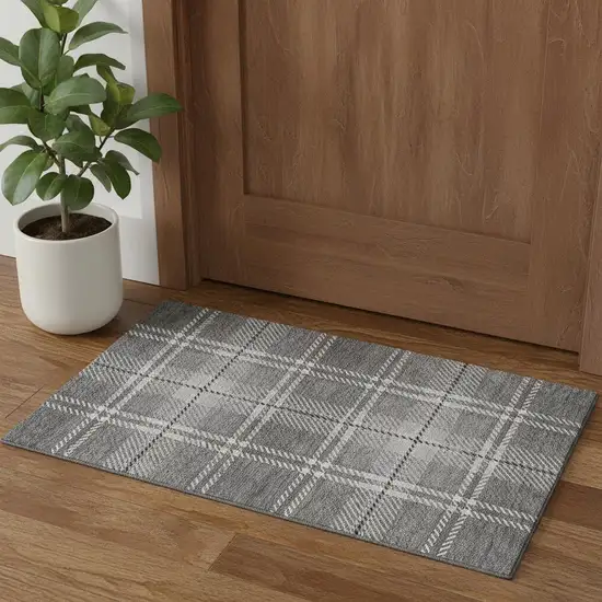 Gray And Ivory Plaid Washable Area Rug With UV Protection Photo 1