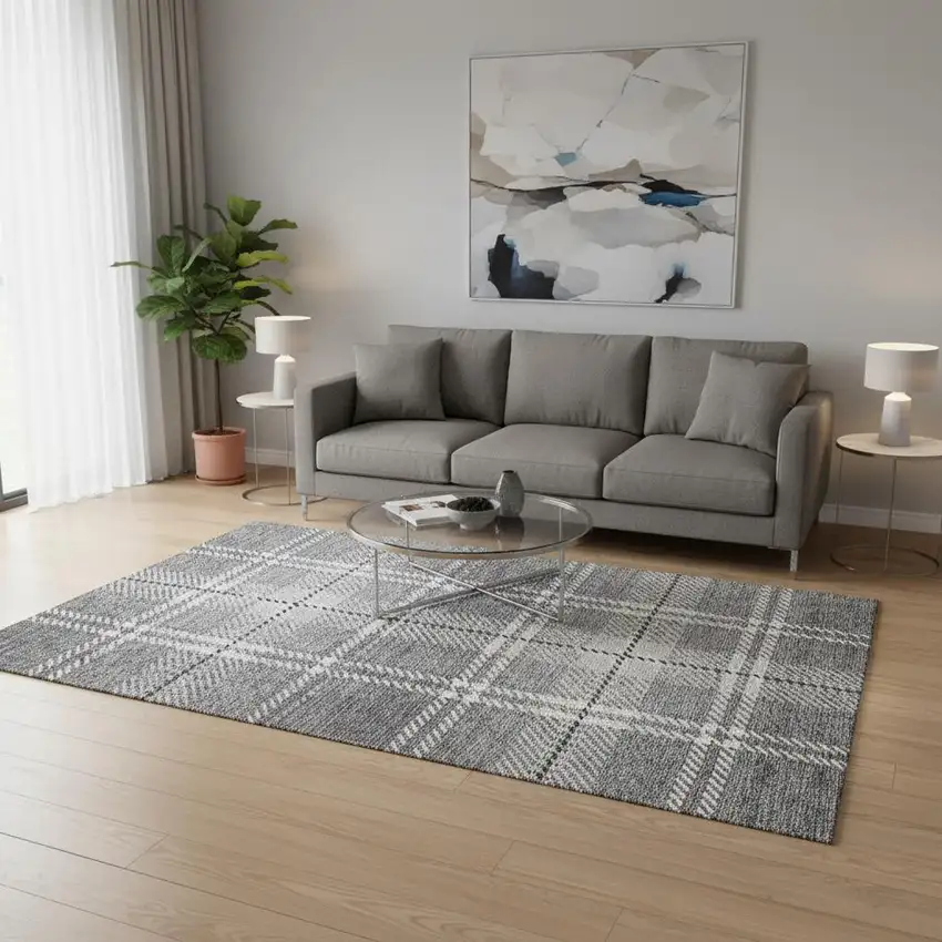 Gray And Ivory Plaid Washable Area Rug With UV Protection Photo 2