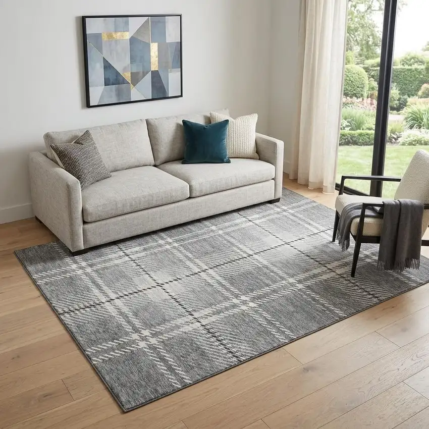 Gray And Ivory Plaid Washable Area Rug With UV Protection Photo 1