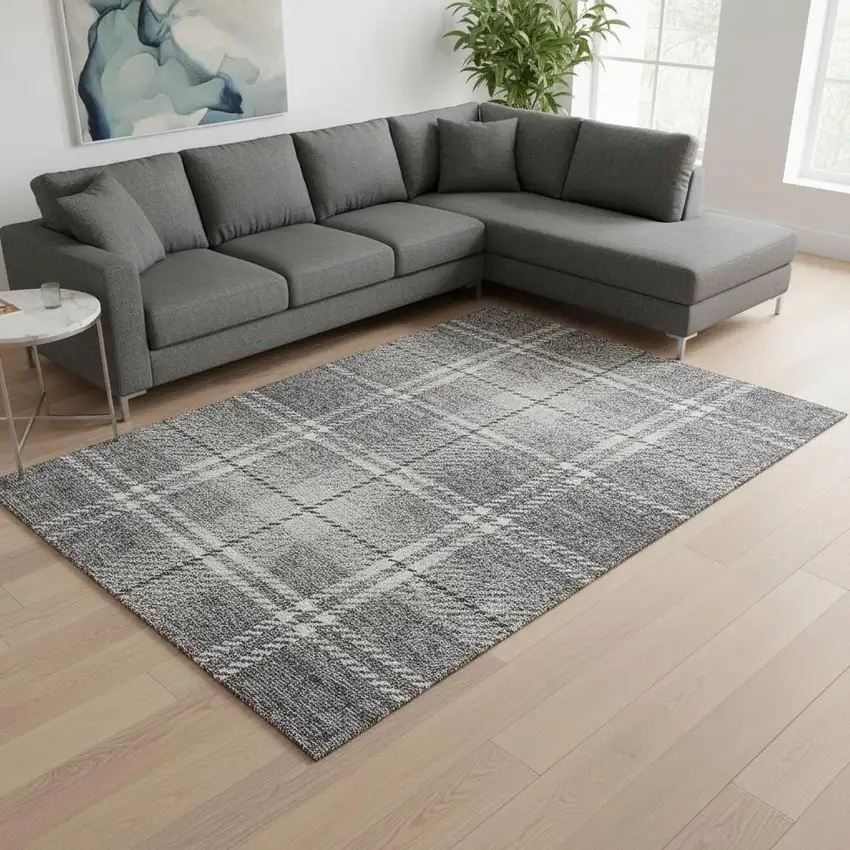 Gray And Ivory Plaid Washable Area Rug With UV Protection Photo 2