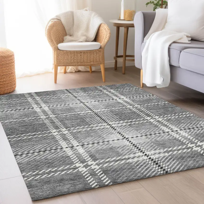 Gray And Ivory Plaid Washable Area Rug With UV Protection Photo 4