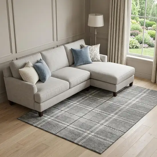 Gray And Ivory Plaid Washable Area Rug With UV Protection Photo 1