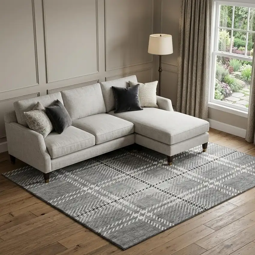 Gray And Ivory Plaid Washable Area Rug With UV Protection Photo 1
