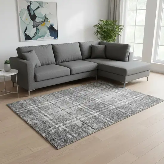 Gray And Ivory Plaid Washable Area Rug With UV Protection Photo 2