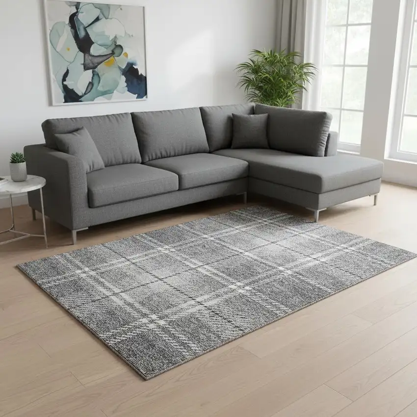 Gray And Ivory Plaid Washable Area Rug With UV Protection Photo 2